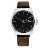 Tommy Hilfiger Mens 1710601 Silver Stainless Steel Quartz Black Dial Brown Genuine Leather Strap Watch